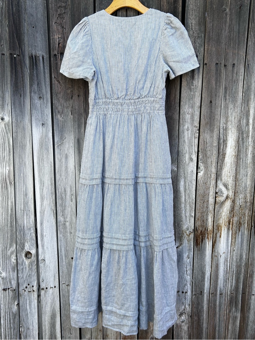 Quince Linen Tiered Maxi Dress Blue Pinstripe S - Picture 11 of 16